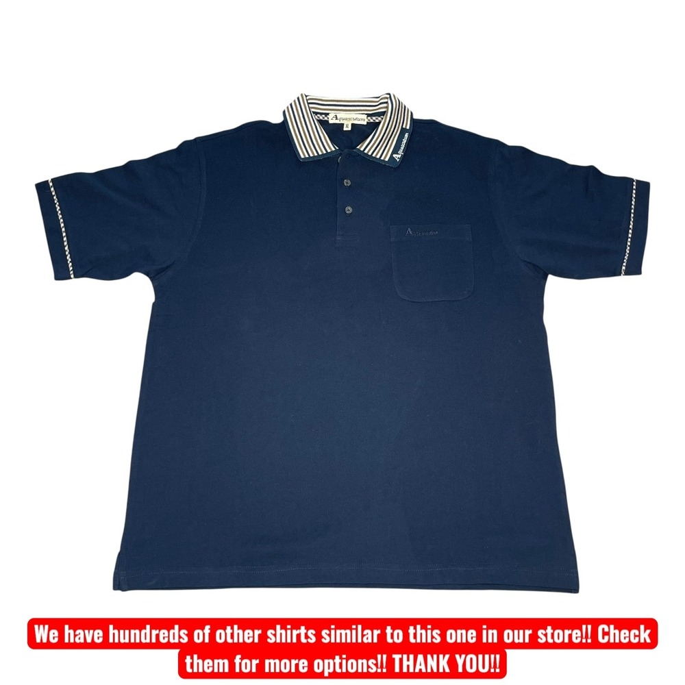 Aquascutum of London Mens Navy‎ Blue Striped Collar Cotton Polo Shirt XL